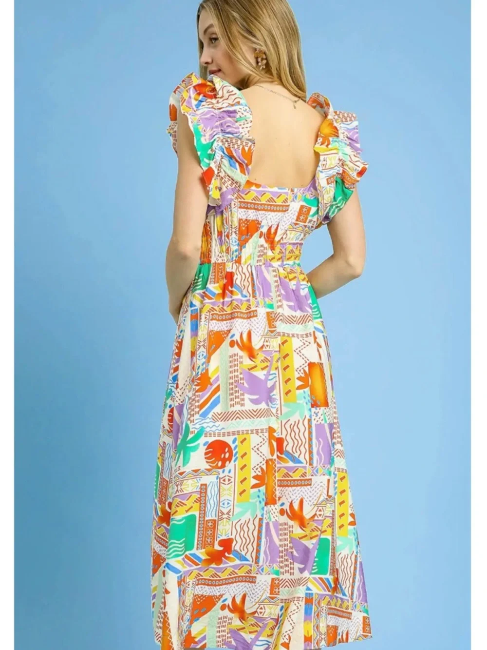 Umgee Tropical Patchwork Ruffle Midi Dress - Picture 5 of 5